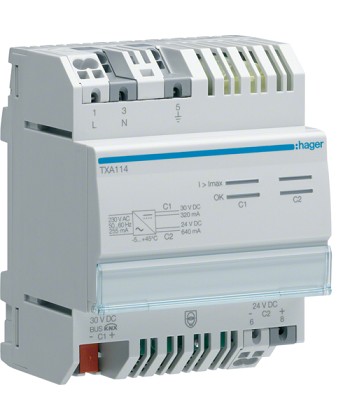 KNX E/S ZASILACZ KNX 1 X 30 V DC, 320 MA + 1 X 24 V DC, 640 MA HAGER.TXA114