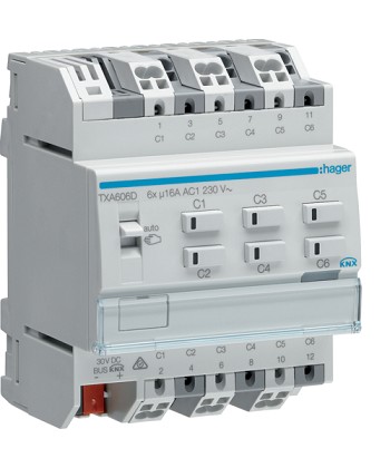 KNX e/s Sterownik załączając / żaluzjow , obciążenie pojemnościowe 16 A, 6-/3-k